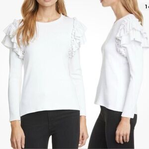 VERONICA BEARD Segrist Ruffle Stretch Ribbed Top Sz M White msrp $268